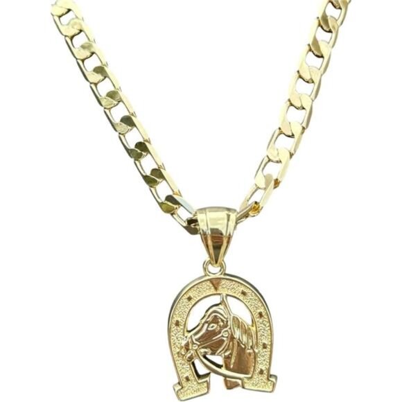 14K Gold Plated Hip Hop Horseshoe U-Shaped Pendant with Cuban Chain 24" 8mm - Picture 7 of 8